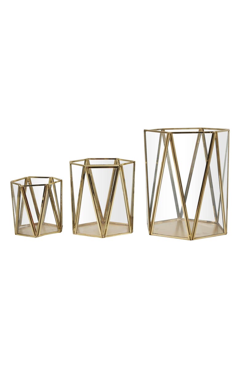 UMA Set of 3 Modern Metal Lantern Candle Holders, Alternate, color, Gold