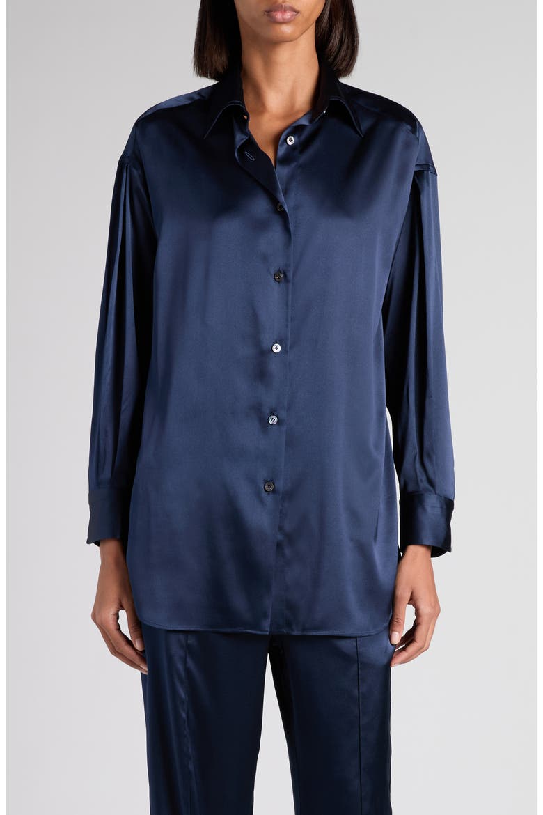 Relaxed Fit Stretch Silk Satin Blouse, Main, color, HB840 DARK NAVY