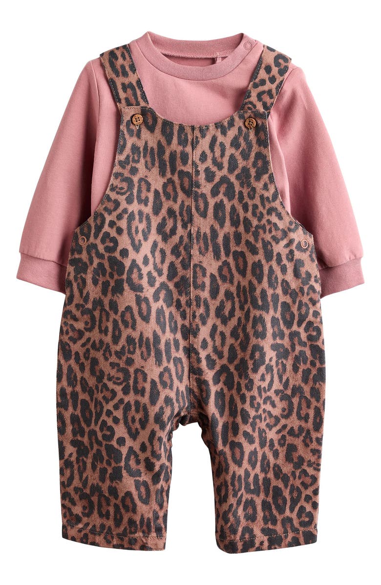 NEXT Long Sleeve Bodysuit & Leopard Print Overalls Set, Main, color, Brown
