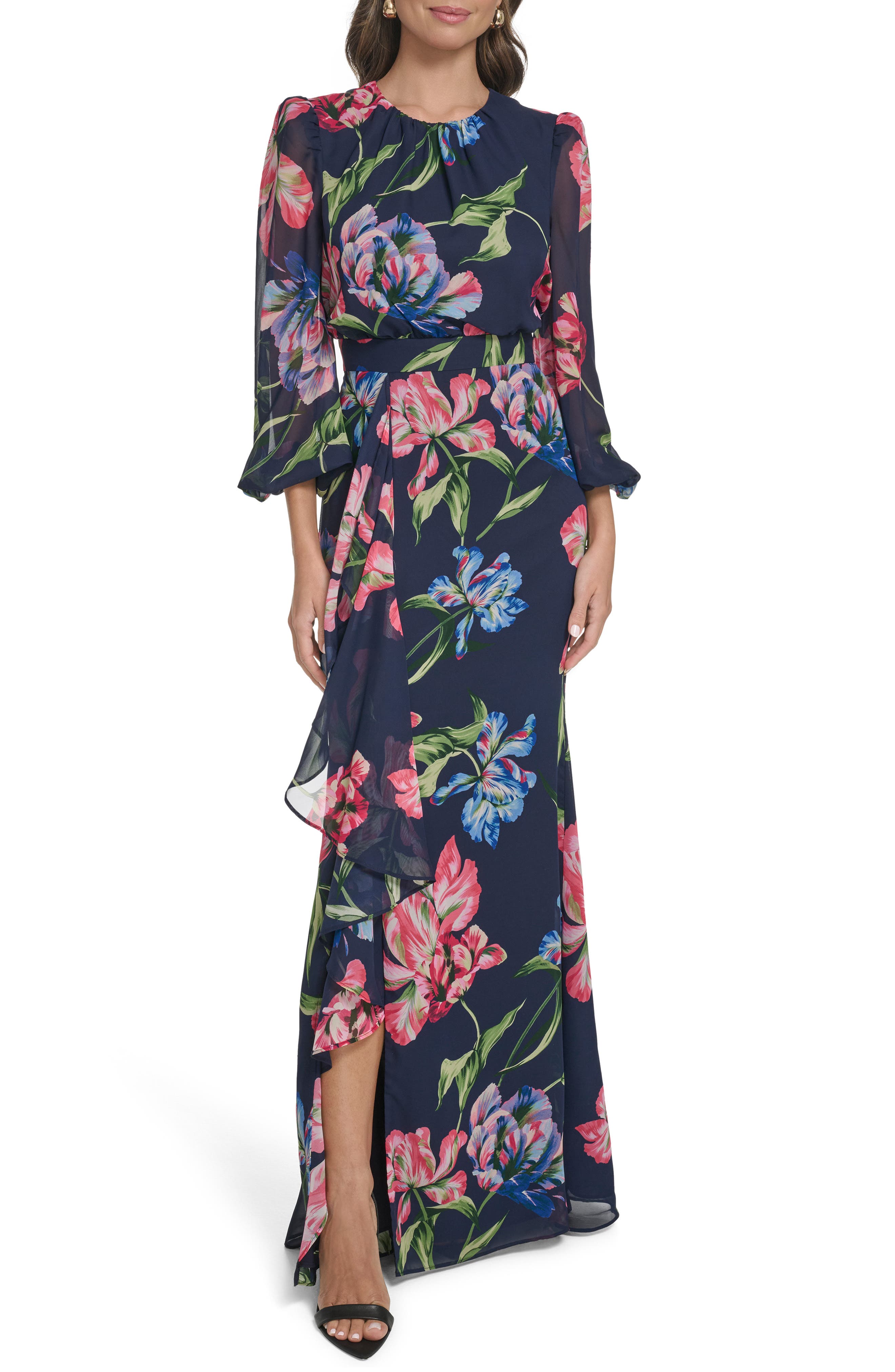 Floral Long Sleeve Ruffle Chiffon Dress
