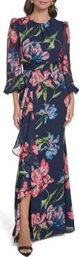 Eliza J Floral Long Sleeve Ruffle Chiffon Dress