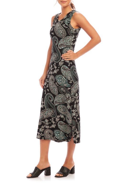 Karen Kane Sleeveless Midi Dress In Aqua Color Paisley Print On Black In Paisley