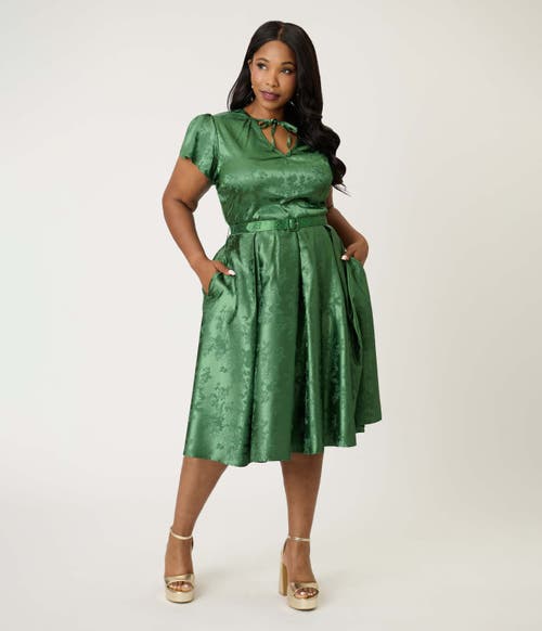 Unique Vintage Plus Size Short Petal Sleeve Tie Neck Dahlia Swing Dress In Green