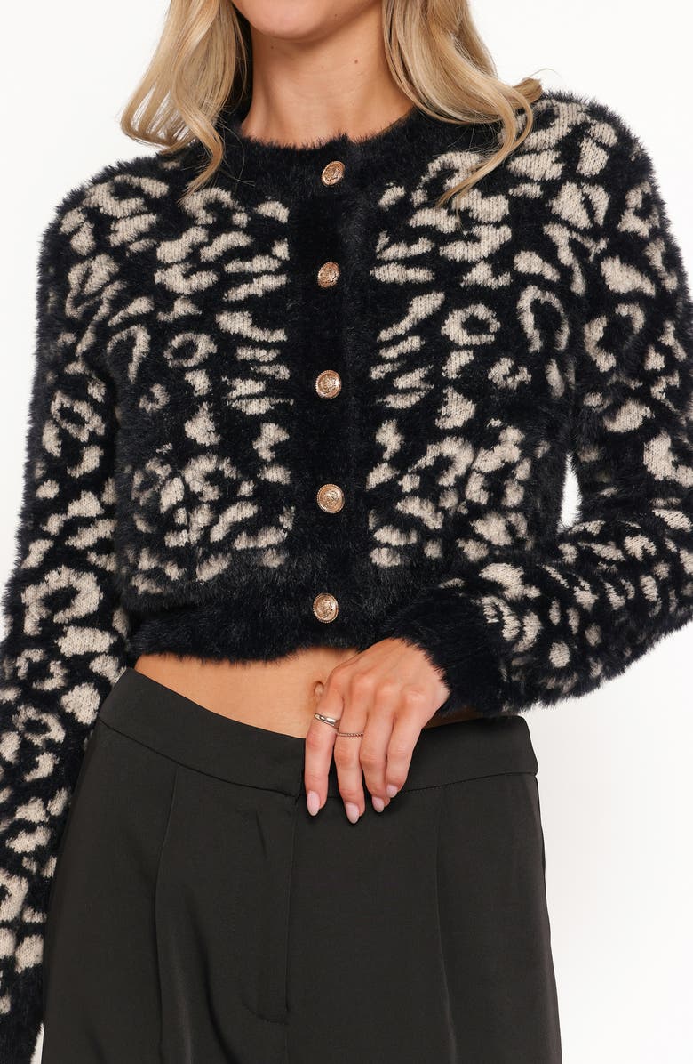 Petal & Pup Tyra Leopard Spot Fuzzy Eyelash Crop Cardigan, Alternate, color, Black