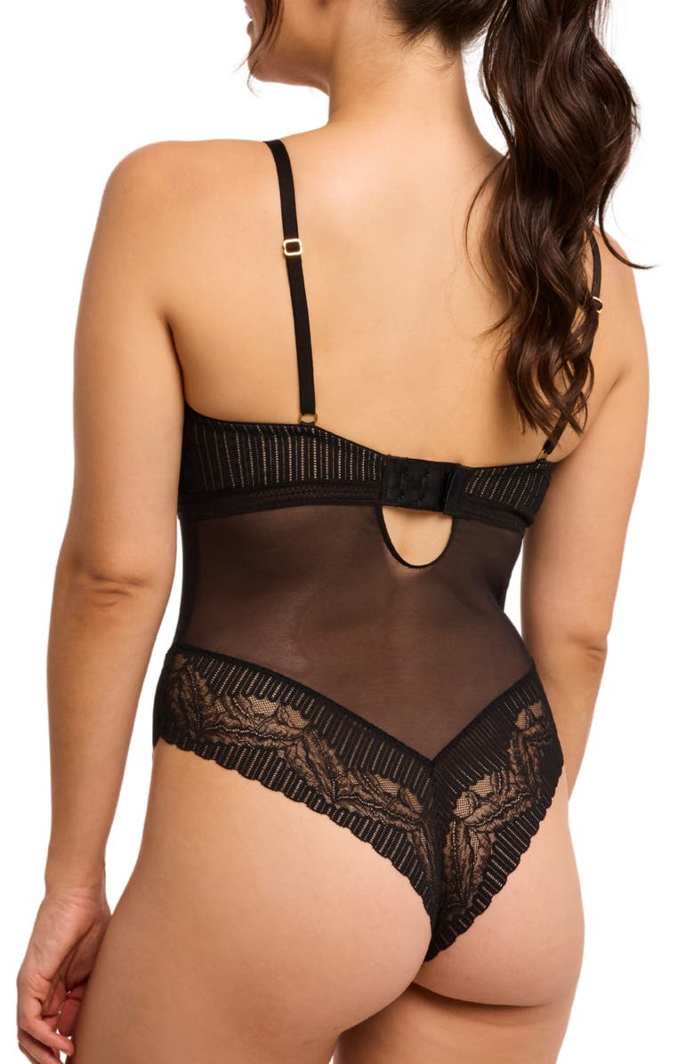 Montelle Intimates Tempatation Lace & Mesh High Cut Teddy, Alternate, color, Black/Sand