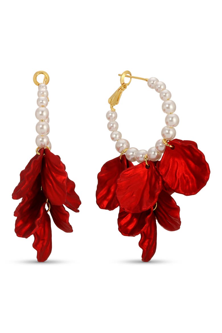Marguerite Rose Petal Faux Pearl Drop Hoop Earrings, Main, color, RED