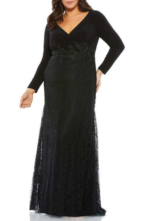Wrap-Over Long Sleeve Lace Applique Trumpet Gown (Plus)