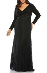 Mac Duggal Wrap-Over Long Sleeve Lace Applique Trumpet Gown