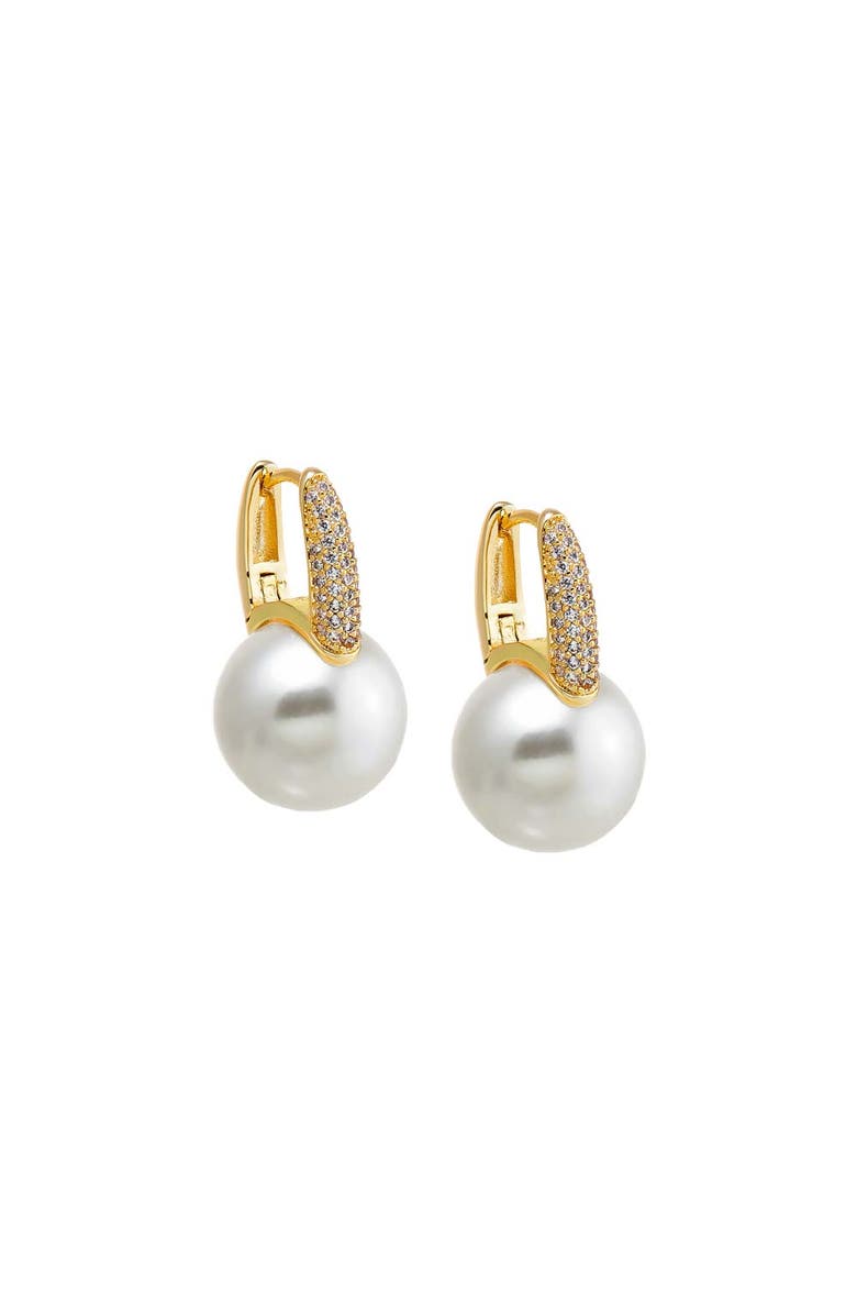 BY ADINA EDEN Pave X Drop Pearl Square Huggie Earring, Main, color,