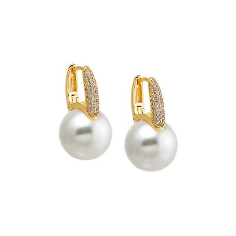Pave X Drop Pearl Square Huggie Earring