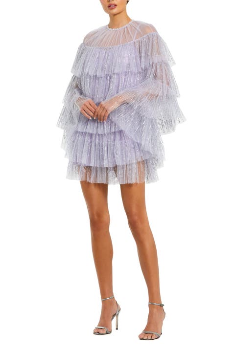 High Neck Tiered Ruffle Pearl Beaded Cape Dress