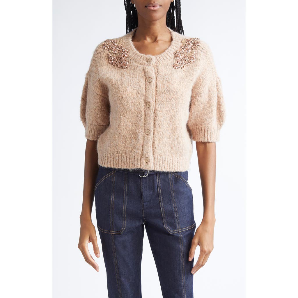Cinq À Sept Millicent Embellished Puff-sleeve Cardigan In Neutral