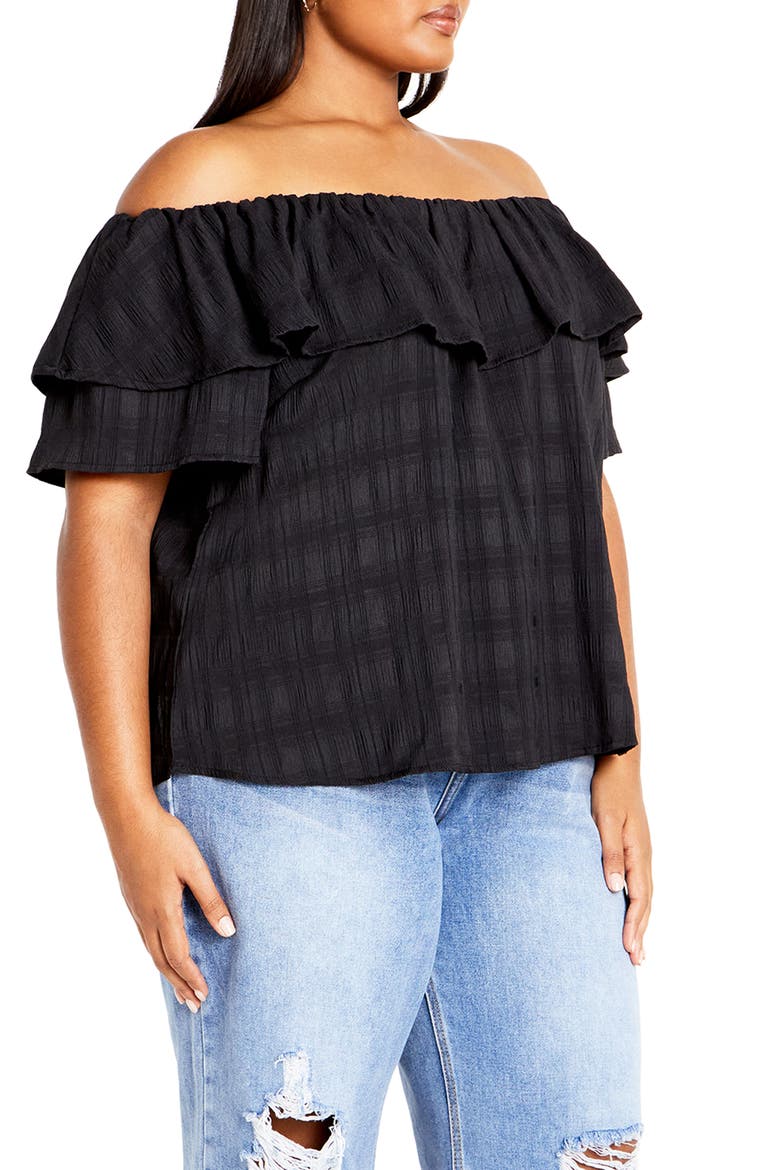 Christy Off the Shoulder Ruffle Top, Alternate, color, BLACK