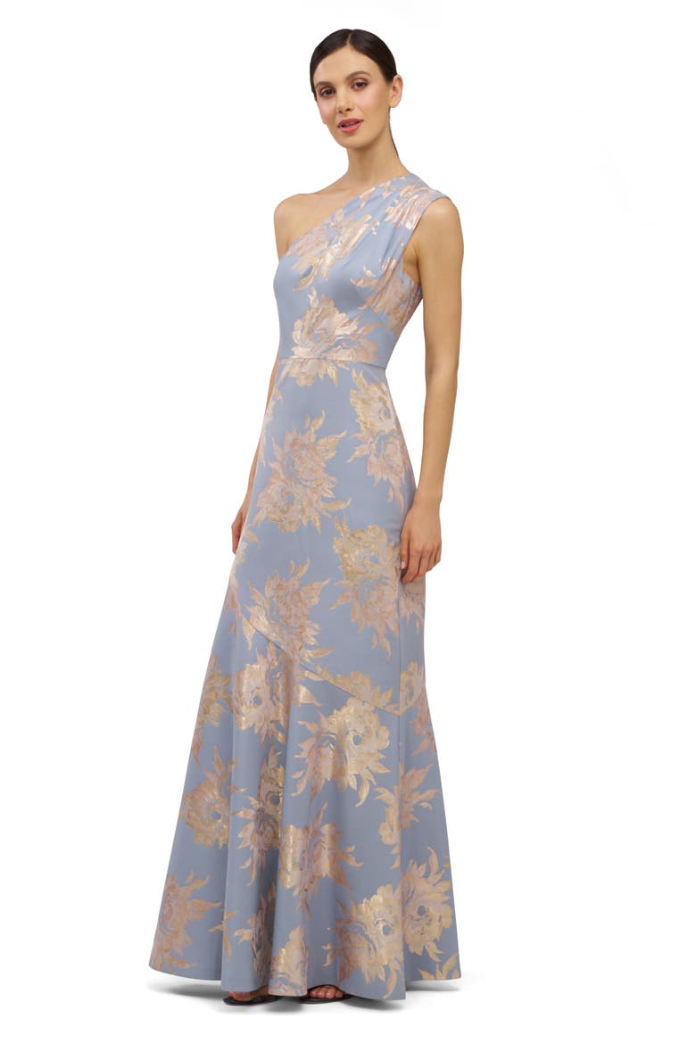 Gianella Floral Metallic Jacquard One-Shoulder Gown, Alternate, color, BLUE BIRD