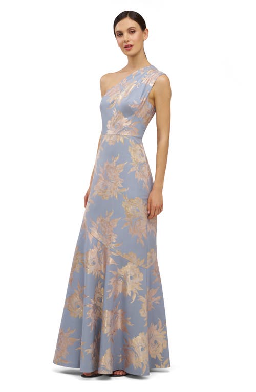 Kay Unger Gianella Floral Metallic Jacquard One-shoulder Gown In Blue