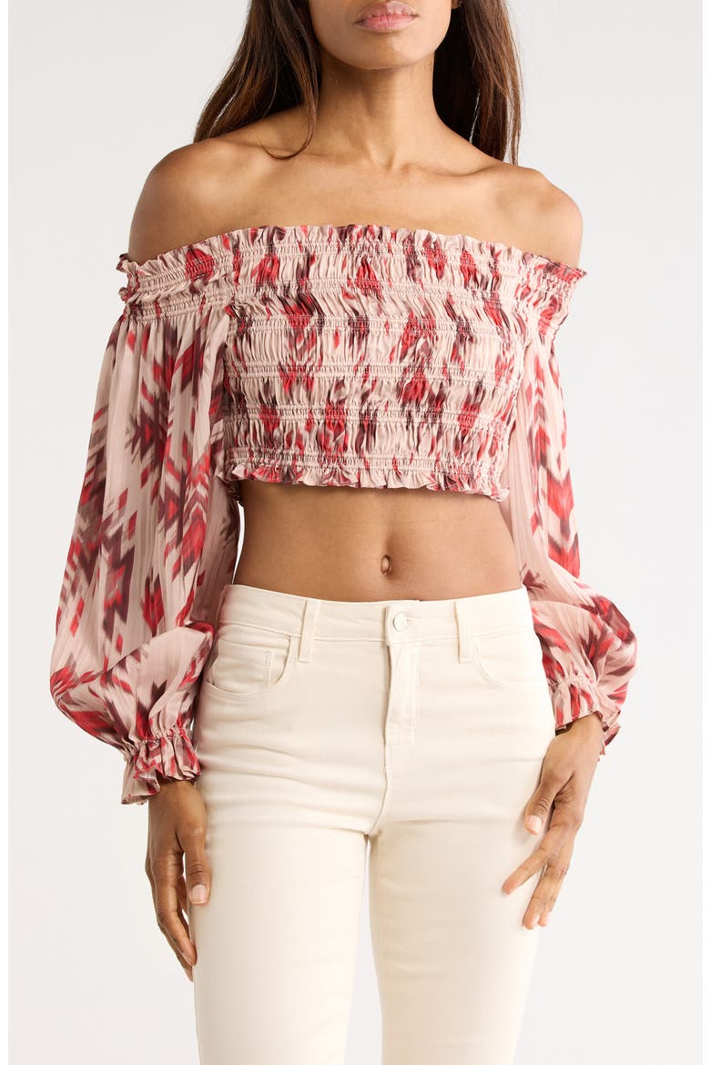 Graciela Smocked Off-the-Shoulder Top, Main, color, TAN MULTI GANADO PRINT