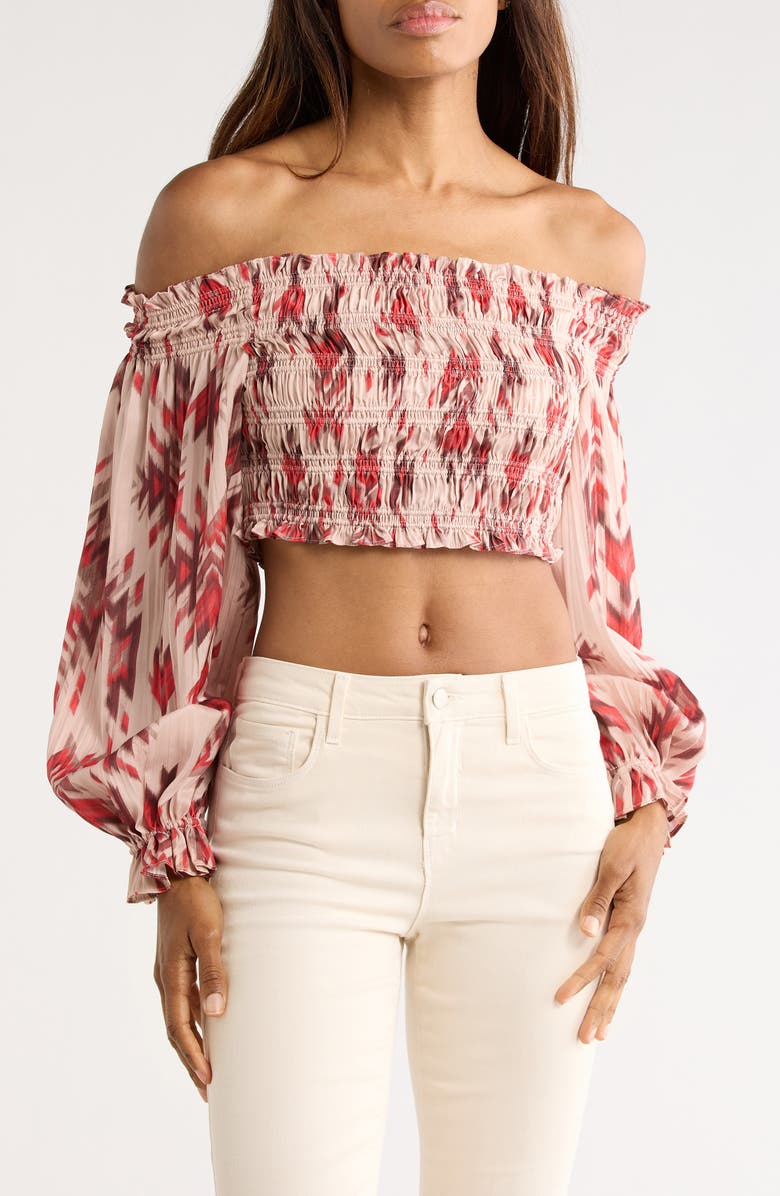 L'AGENCE Graciela Smocked Off-the-Shoulder Top, Main, color, Tan Multi Ganado Print
