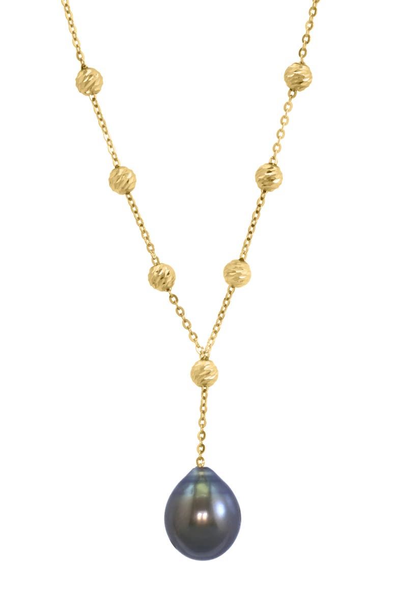 14K Gold Station Bead 10mm Black Tahitian Pearl Y-Drop Necklace, Alternate, color, BLACK