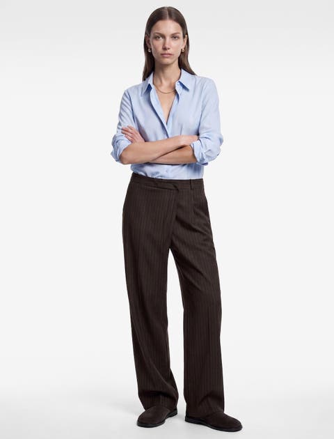 Pinstriped Wide Leg Asymmetric Tailored Baggy Pants with Pleats