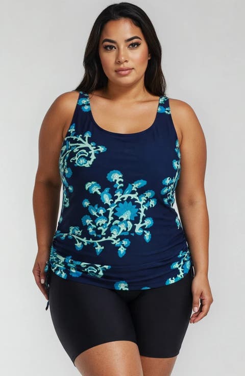 Plus Maya Tankini Swim Top With Built-In Bra and Black Mid-Thigh Swim Shorts