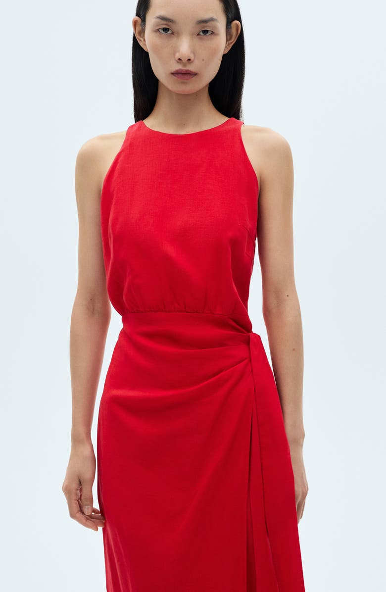 MANGO Bow Waist Linen Blend Midi Dress, Alternate, color, Red