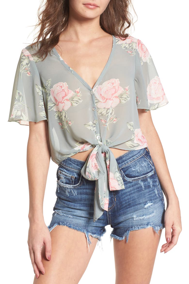 Tortuga Tie Front Crop Top, Main, color, SWEETHEART SAGE