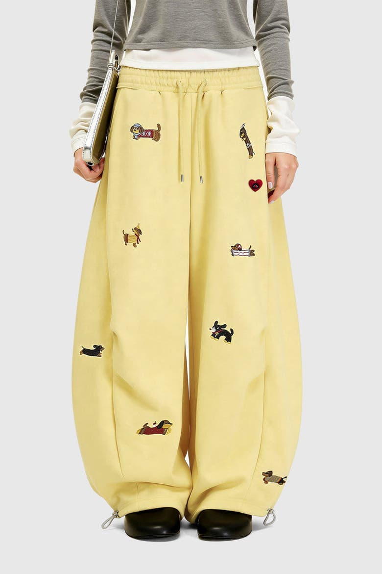 Embroidery Dog Baggy Barrel Sweatpants, Main, color, Yellow