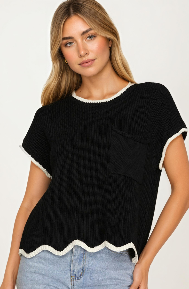 Knit and Lounge Contrast Trim Pocket Short Sleeve Knit Top, Alternate, color,