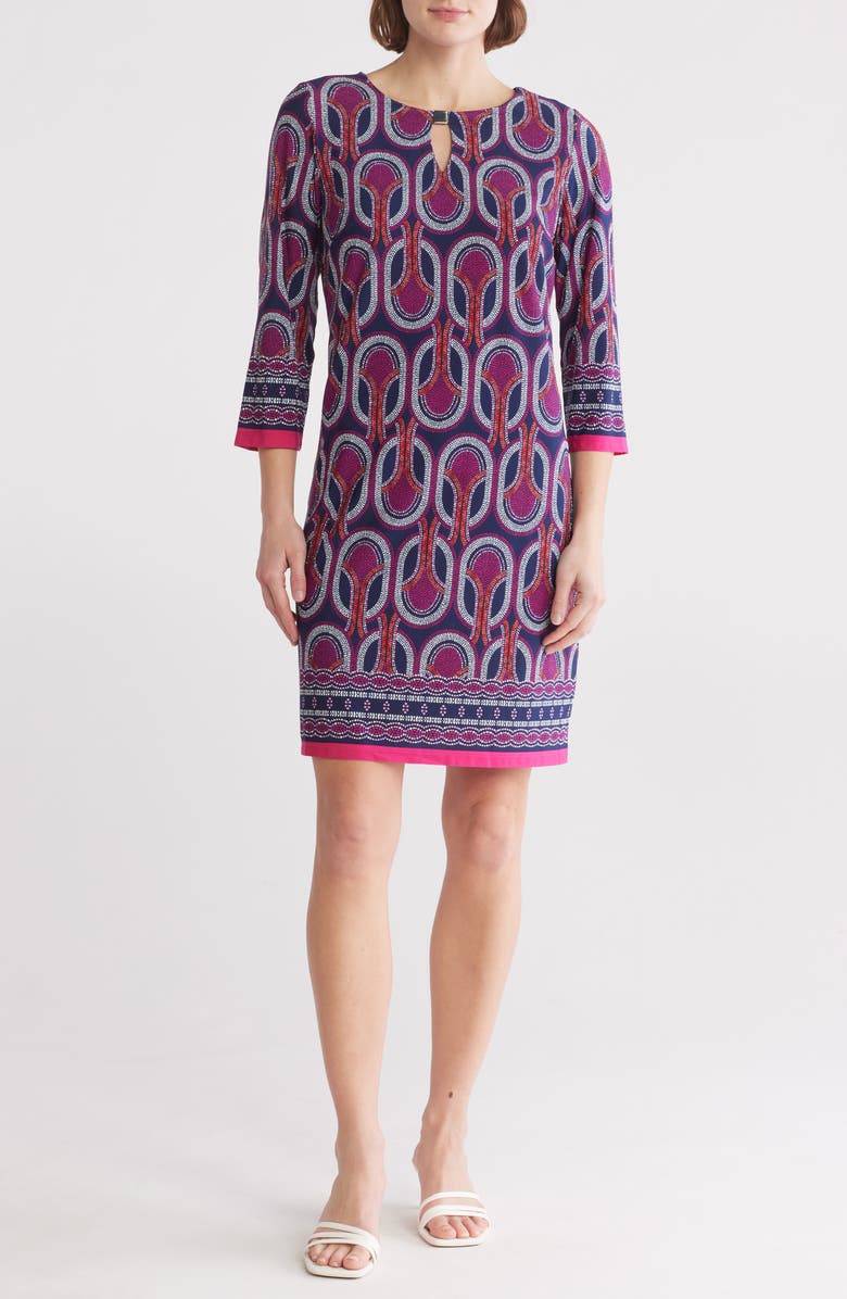 SANDRA DARREN Keyhole Print Shift Dress, Main, color, Navy/ Coral Multi