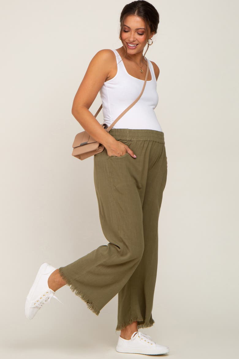 Linen Frayed Hem Crop Pants, Alternate, color, Olive Green