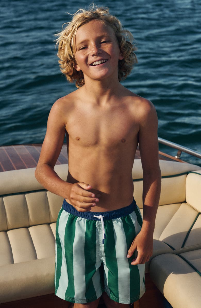 Mini Boden Kids' Contrast Stripe Swim Trunks, Alternate, color, Contrast Stripe