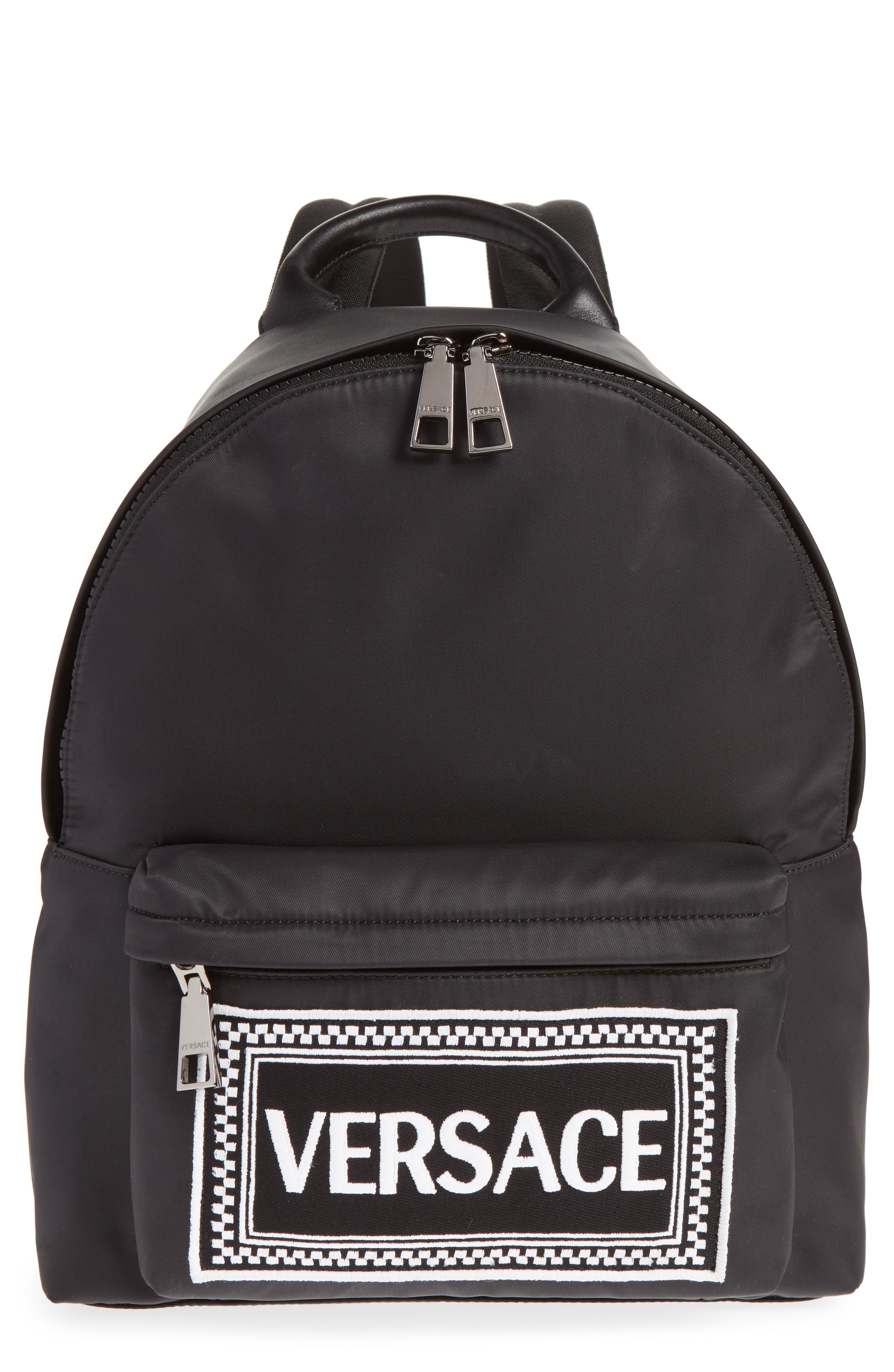 Versace Logo Graphic Leather Backpack, Main, color, 