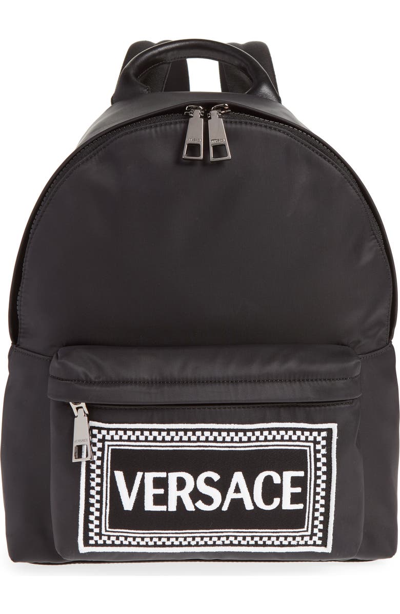 Versace Logo Graphic Leather Backpack, Main, color,