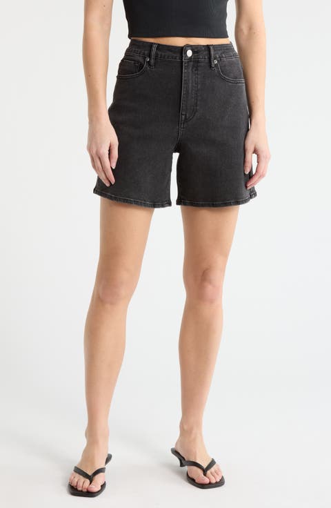 High Waist Mid Thigh Denim Shorts (Washed Black)