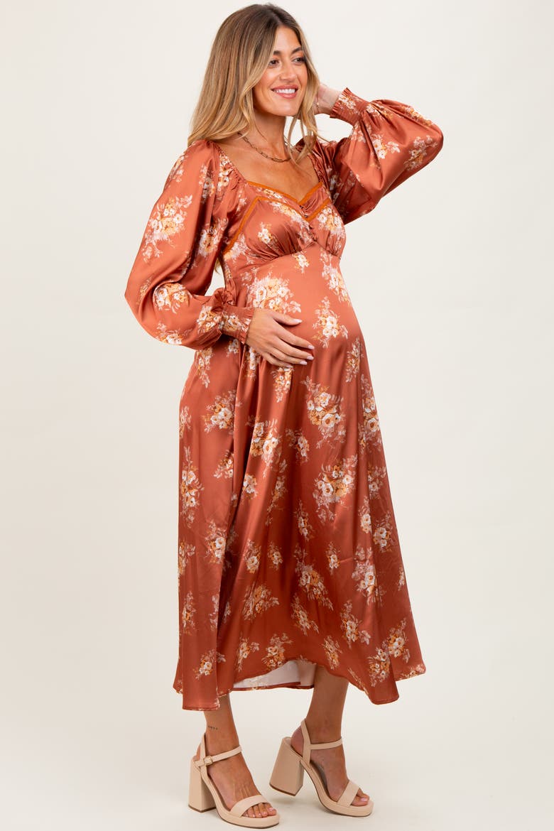 Satin Floral Bubble Sleeve Midi Dress, Alternate, color, Rust