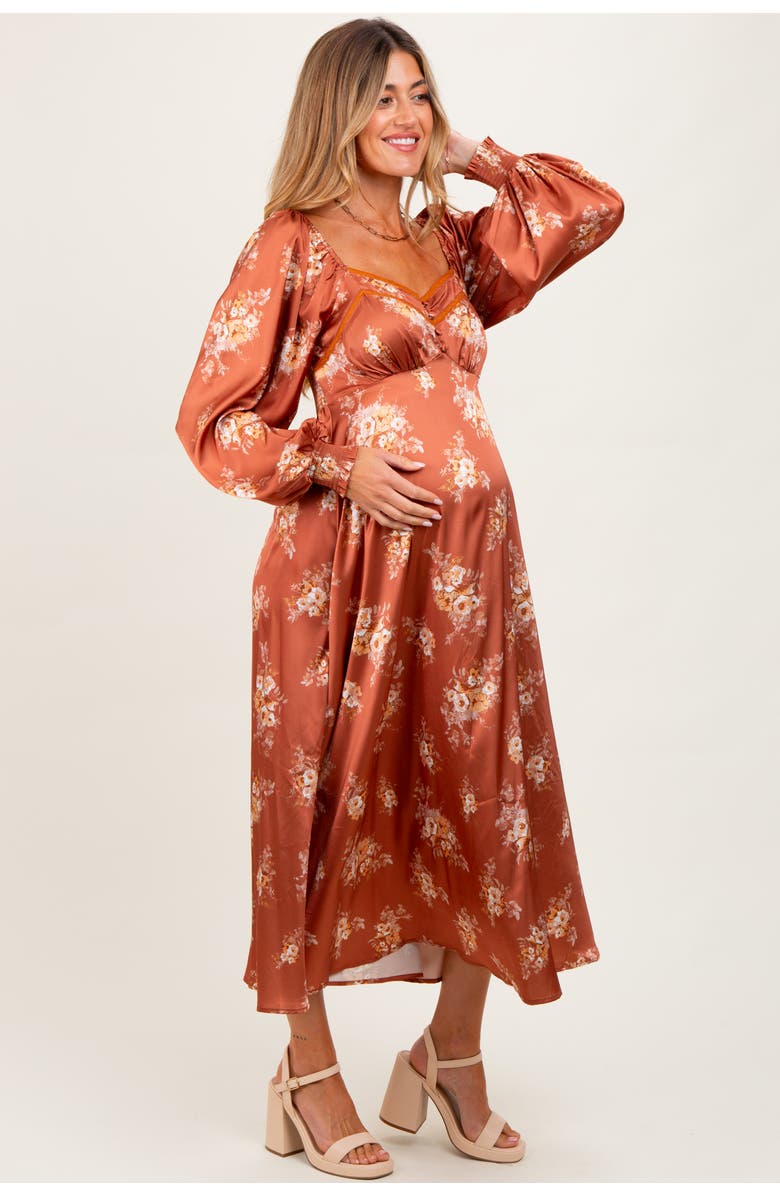 PinkBlush Satin Floral Bubble Sleeve Midi Dress, Alternate, color, Rust