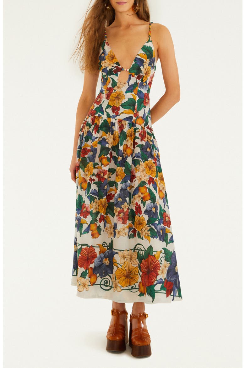 Tropical Print Plunge Neck Drop Waist Midi Dress, Main, color, TROPI OFF-WHITE