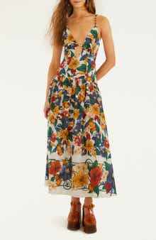Tropical Print Plunge Neck Drop Waist Midi Dress