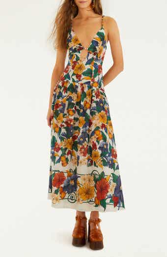 Tropical Print Plunge Neck Drop Waist Midi Dress