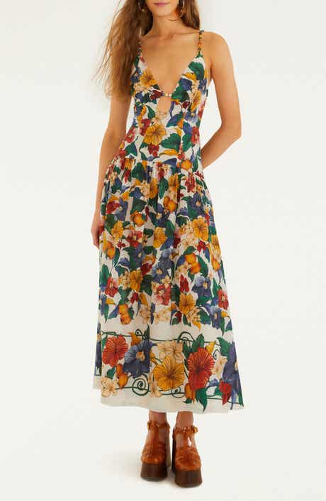Tropical Print Plunge Neck Drop Waist Midi Dress