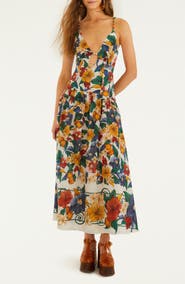 FARM Rio Tropical Print Plunge Neck Drop Waist Midi Dress