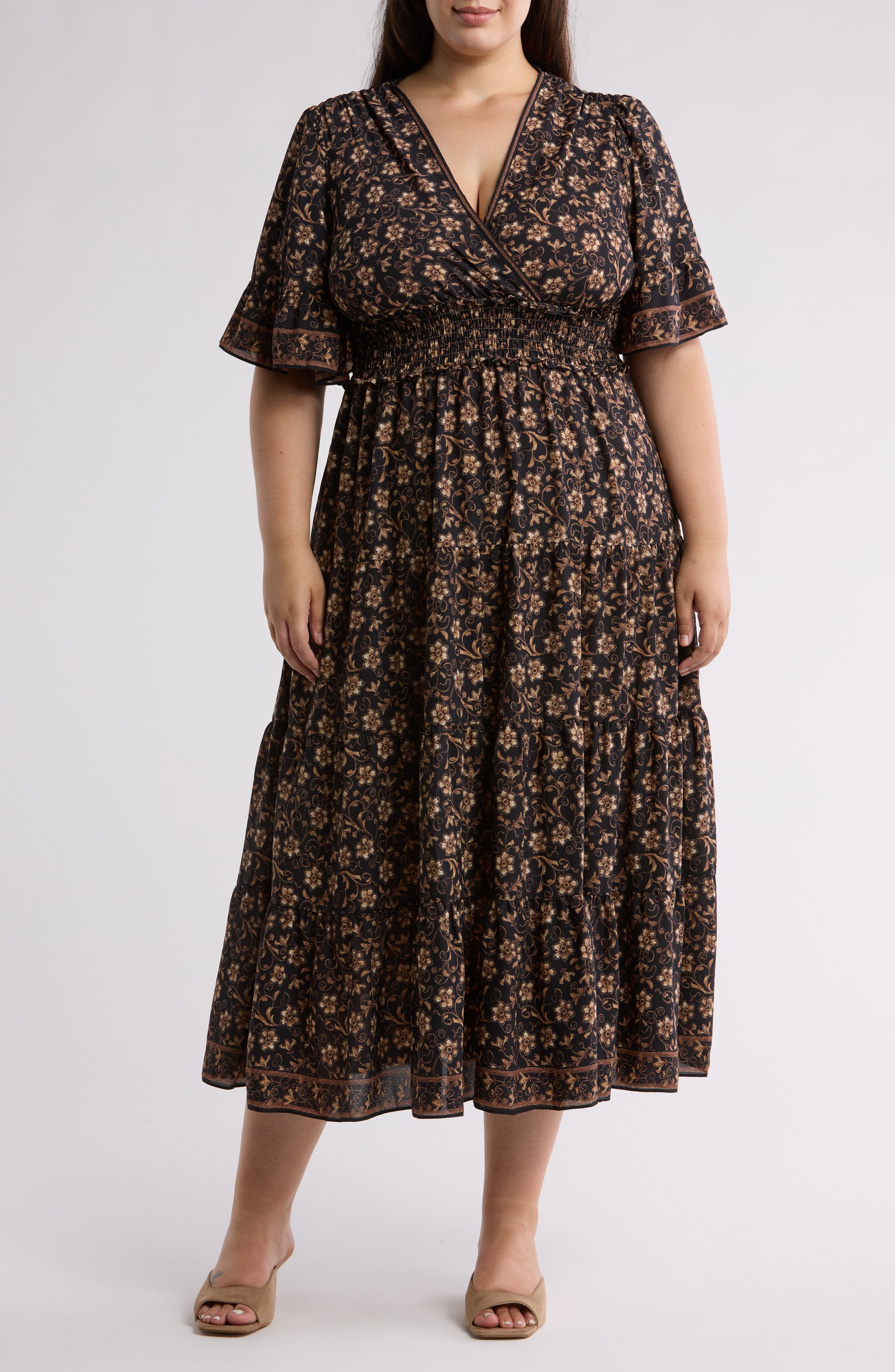 Moxidress V Neck Short Sleeve Color Block Printed  Maxi Swing Dress main image 1