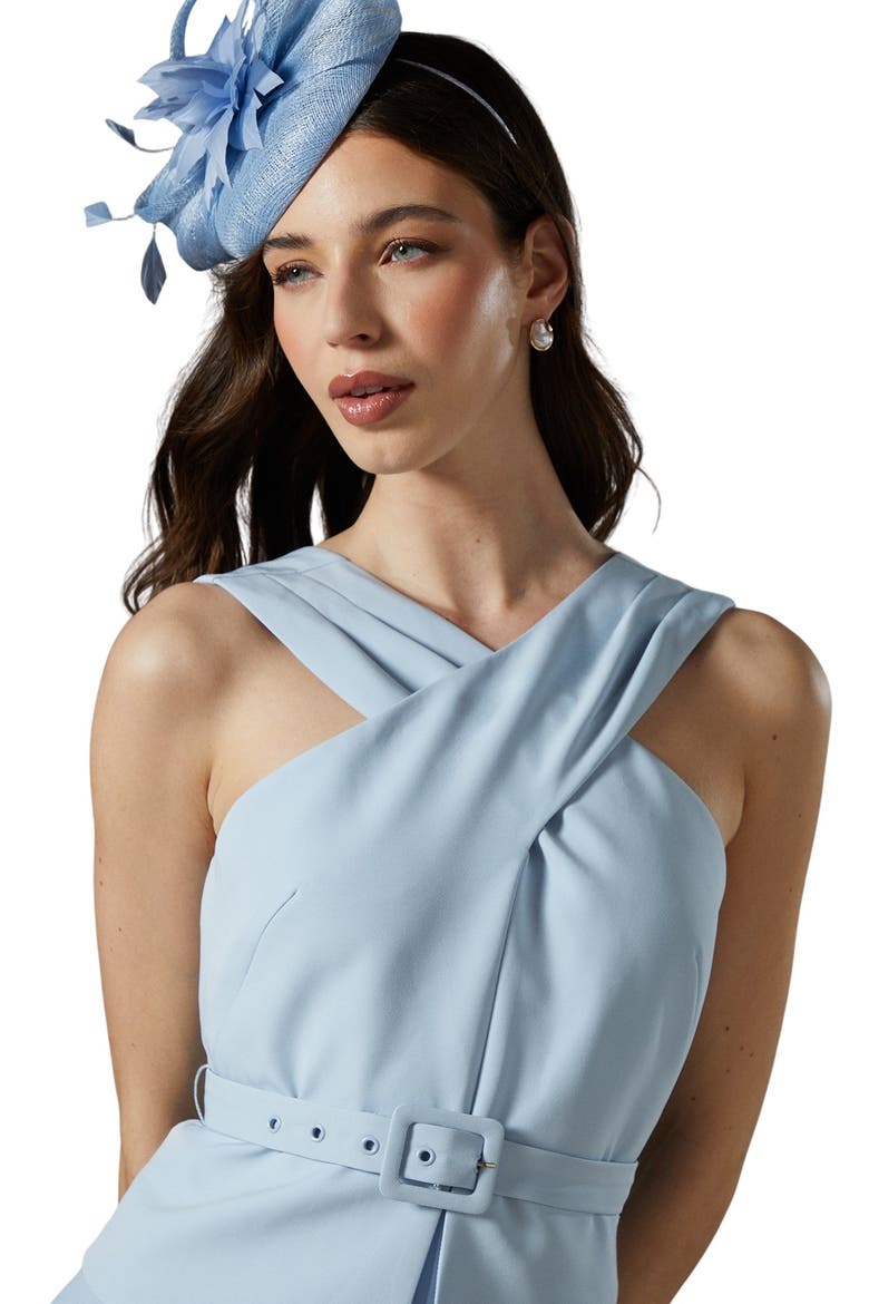 Petite Cross Over Pleated Midi Dress, Alternate, color, Light Blue