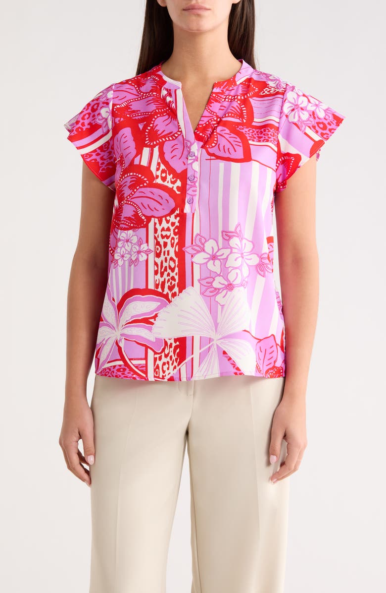 SUGARLIPS Barba Cass Tropical Flutter Sleeve Top, Main, color, Red-White