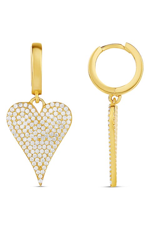 Pavé Heart Drop Huggie Hoop Earrings