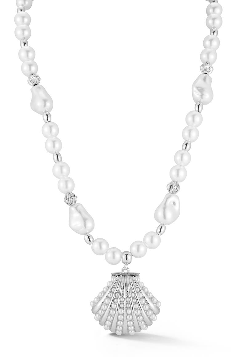 Faux Pearl Shell Pendant Necklace, Main, color, SILVER