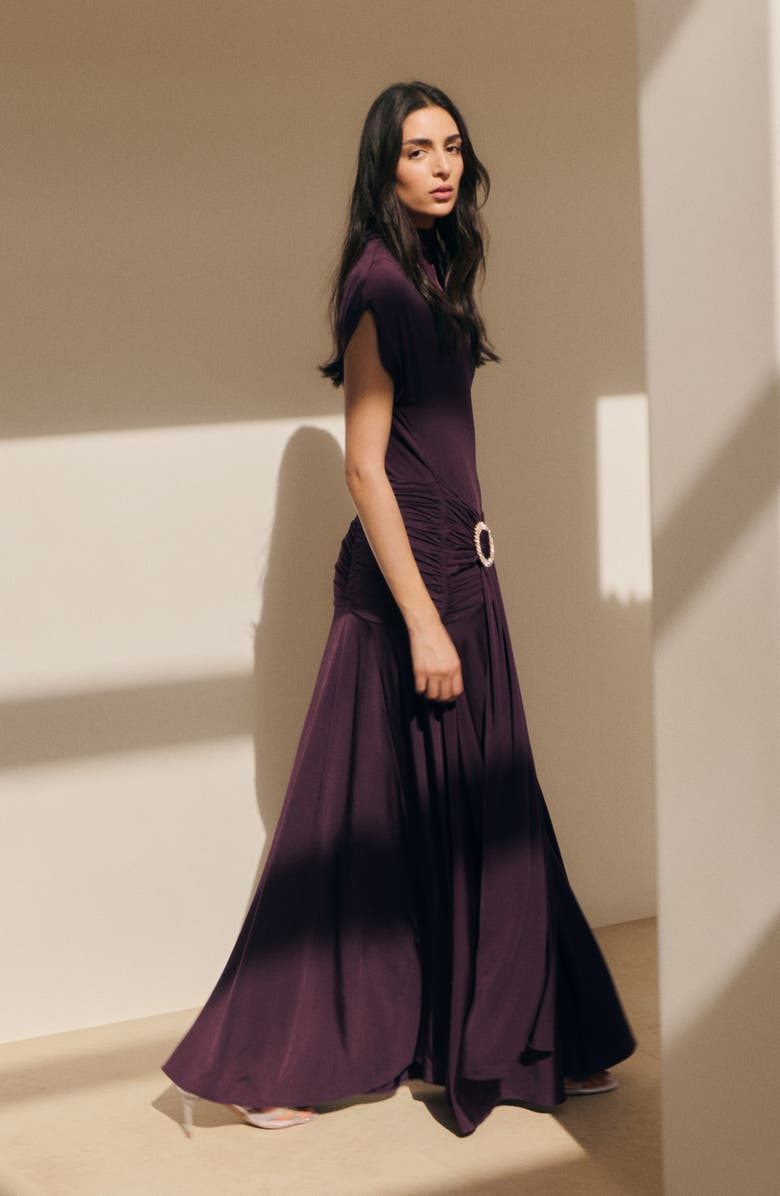 MANGO Cap Sleeve Ruched Waist Dress, Alternate, color, Purple