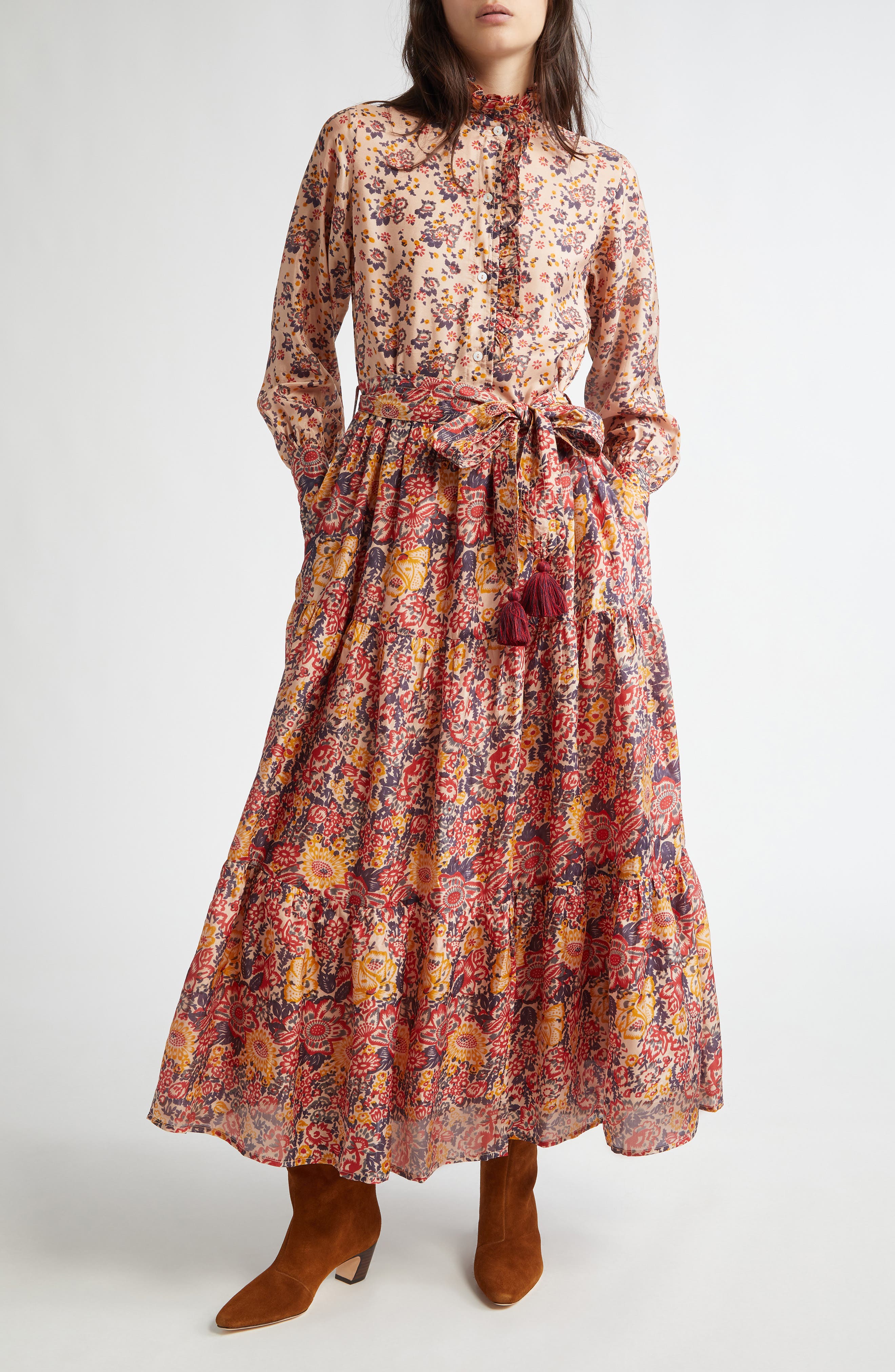 MILLE Valentina Mixed Floral Print Long Sleeve Silk Dress in Toulouse 