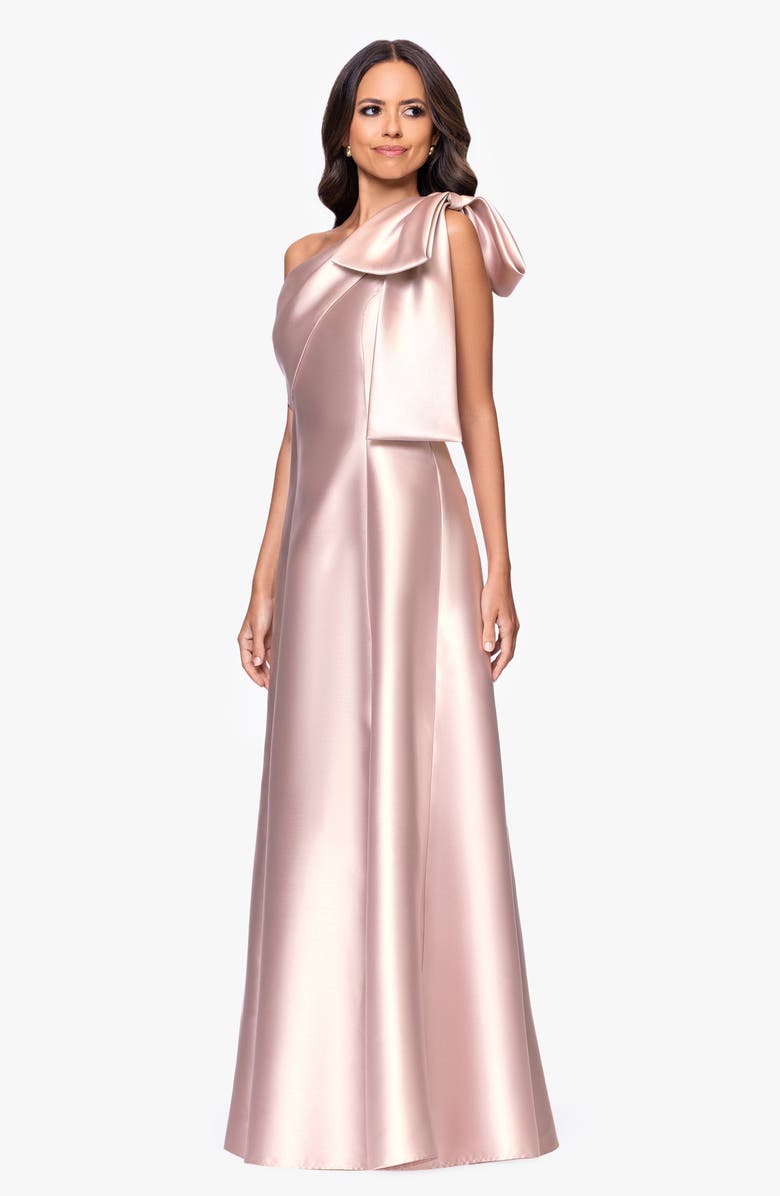Betsy & Adam Bow Detail One-Shoulder Mikado Fit & Flare Gown, Alternate, color, Blush
