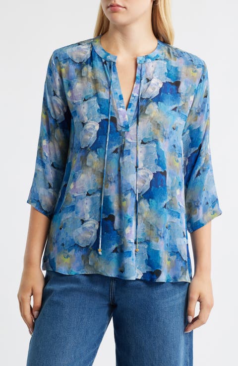 Print Tassel Split Neck Chiffon Top